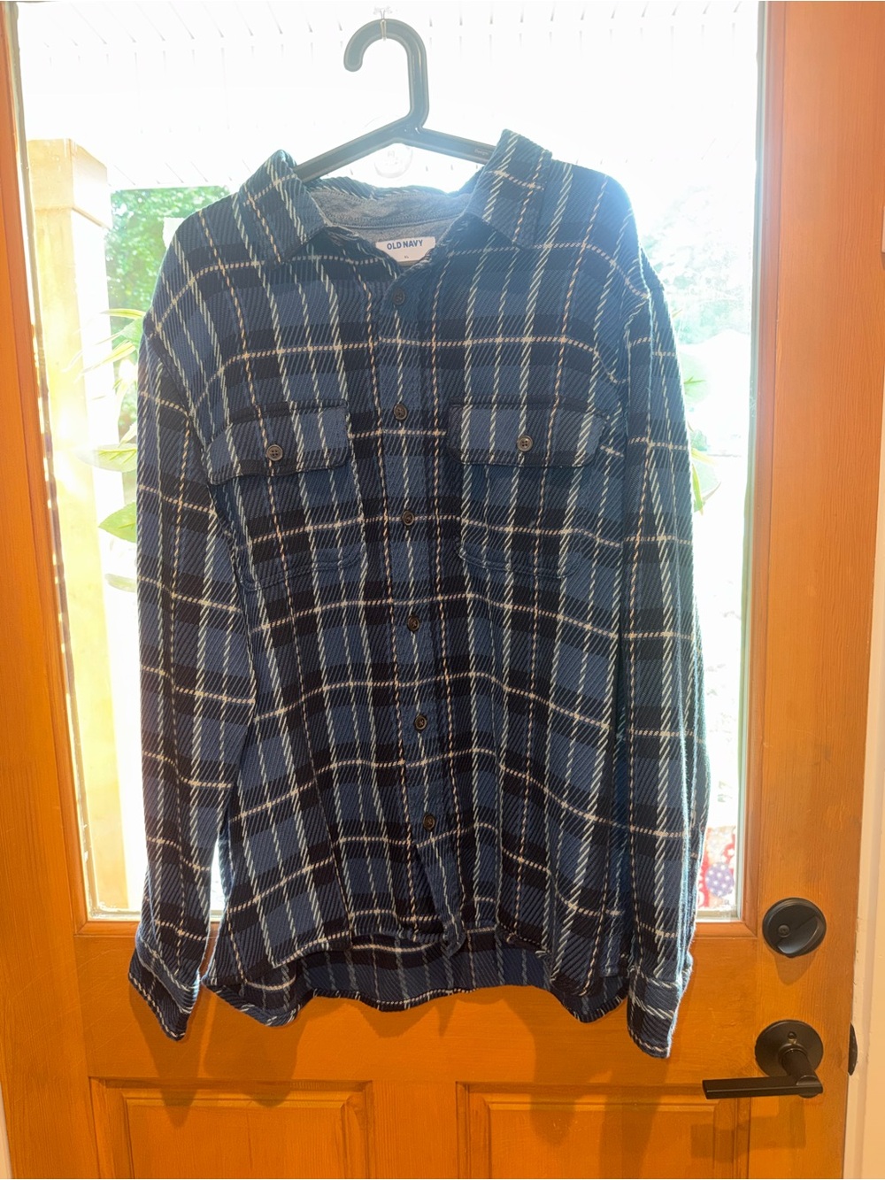 Old Navy Blue and Black Plaid Button-Down Shirt